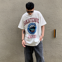 Sanjati crane vintage logo print round neck short sleeve men and women couple T-shirt loose country tide