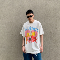 Sanjati crane love heartbreak figures graffiti print loose round neck short sleeve men and women hip hop T-shirt national tide