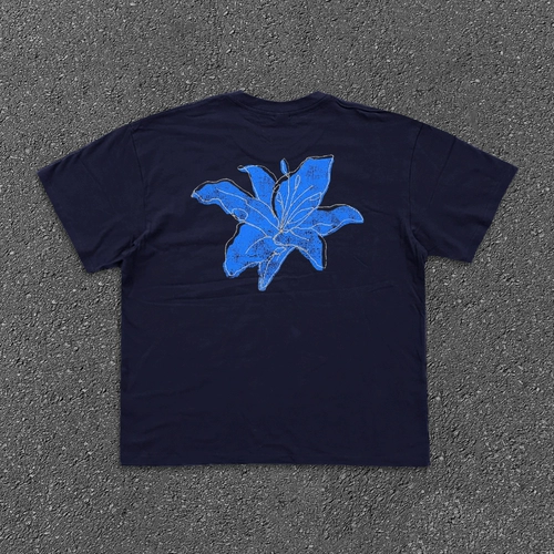 Хлопковая синяя футболка с коротким рукавом, в американском стиле, в цветочек