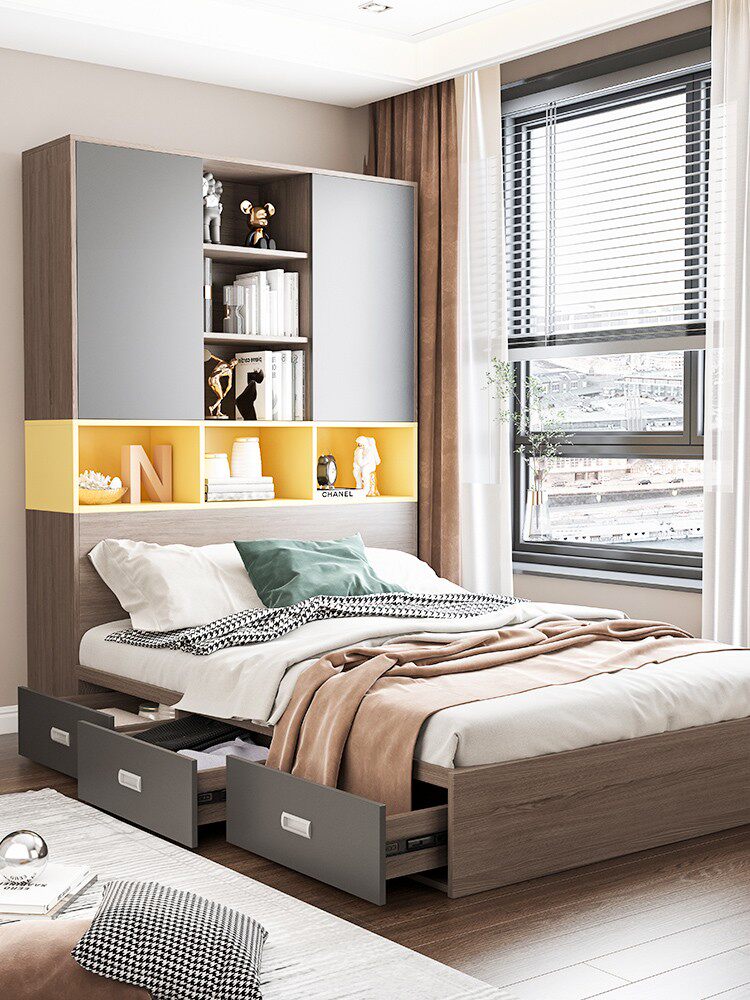 Nordic modern minimalist 1 2 tatami bed children's wardrobe bed integrated storage storage 1 5 meters small apartment bedroom