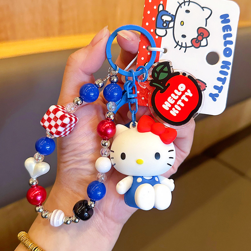2026 New Authentic Hello Kitty Beaded Chain Keychain for Women's Bags, KT Cat Cartoon Keychain