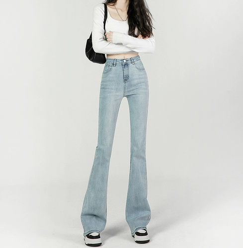 Синие высокие джинсы, приталенные штаны, эластичные летние штаны-клёш, подходит для подростков