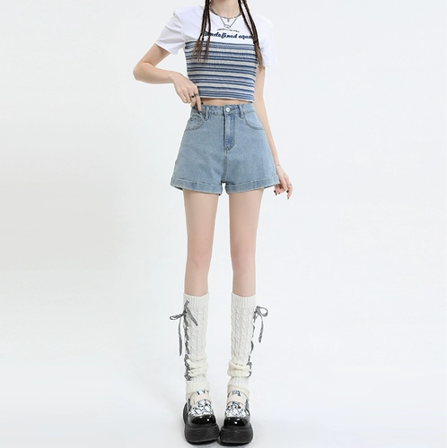 Синяя джинсовая юбка, летние шорты, приталенные штаны, коллекция 2023, высокая талия, по фигуре, А-силуэт, свободный крой