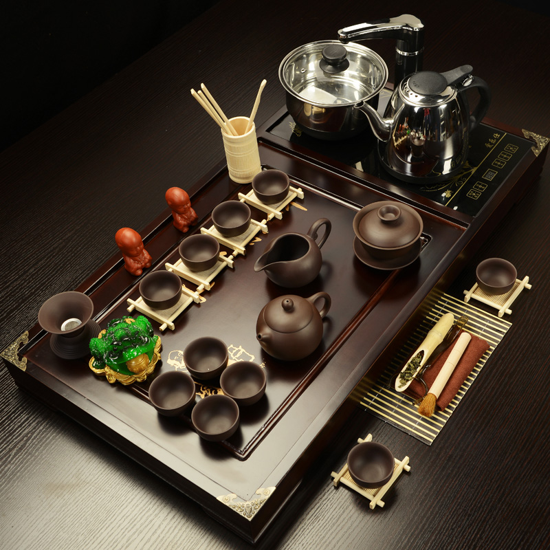 ZongTang purple sand tea set tea service of a complete set of induction cooker four one solid wood tea tray household kung fu tea tea set