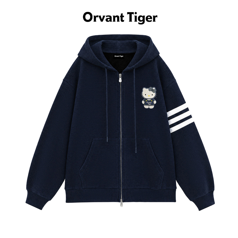 New Orvant Tiger Trendy Brand Kitty Sports Style Waffle Hooded Cardigan Casual Loose Sweatshirt Autumn
