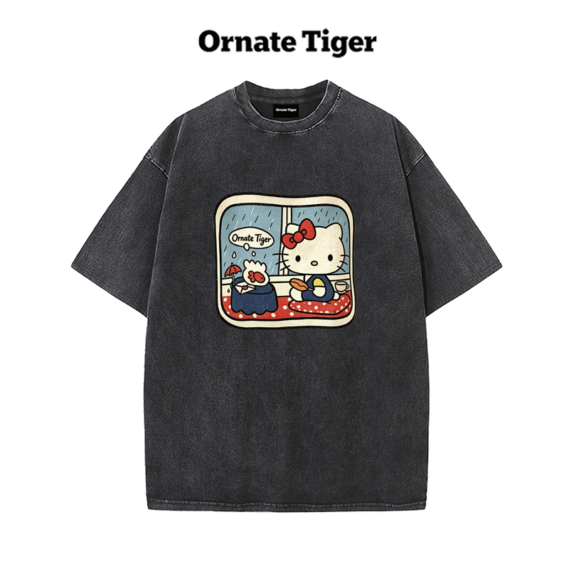 New Ornate Tiger Vintage Distressed Round Neck Short-Sleeved T-Shirt Korean Style Kitty Age-Reducing Slimming Half-Sleeve Top