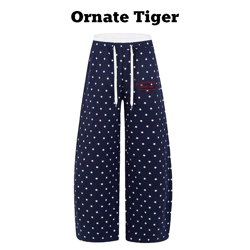 New Ornate Tiger Summer American Retro Star Casual Pants Lazy ins Navy Blue Wide-Leg Sweatpants