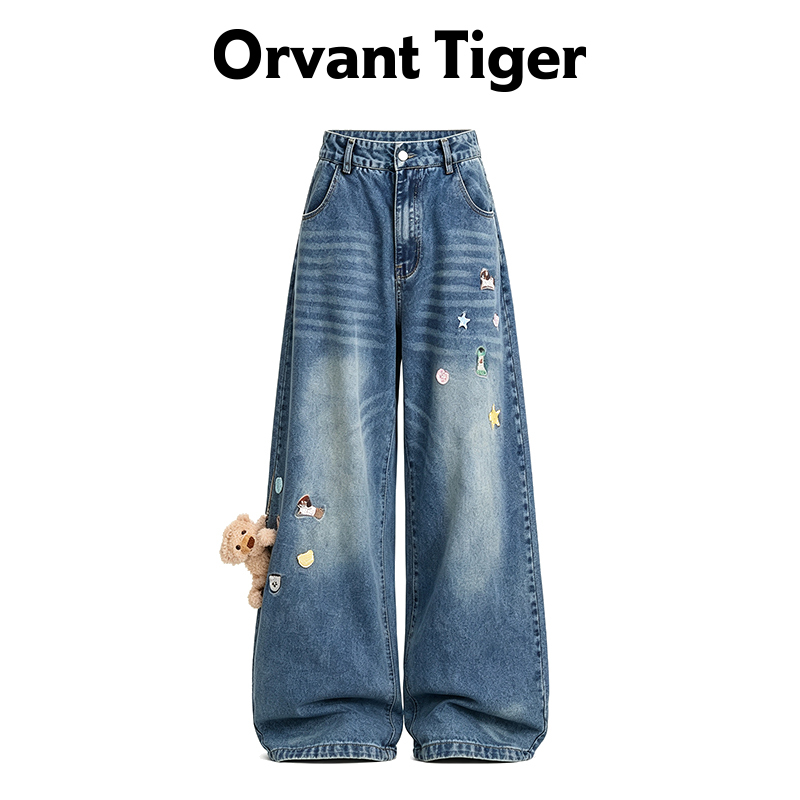 New Orvant Tiger Relaxed Vintage Washed Denim Pants with Plush Teddy Bear Charm, Playful Wide-Leg Trousers