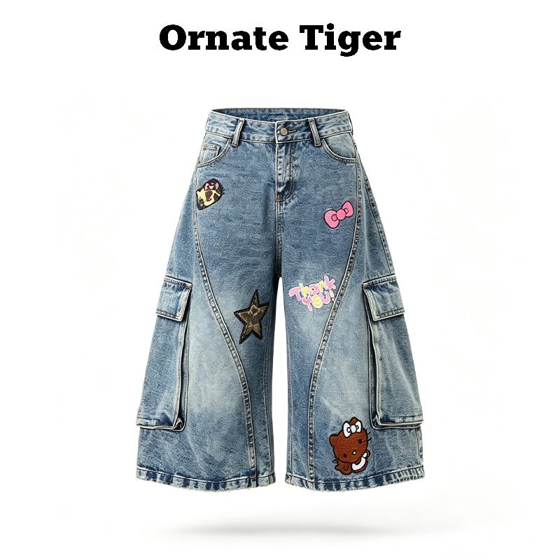 New Ornate Tiger Korean-Style Niche Washed Blue Embroidered Workwear Cropped Denim Pants for Women with a Sense of Atmosphere