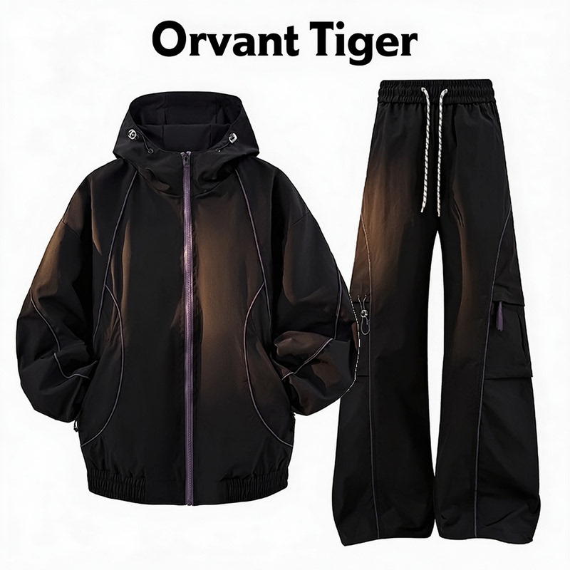 New Orvant Tiger Retro American-Style Outdoor Reflective Strip Jacket Set, Loose Hooded Two-Piece Set for Autumn