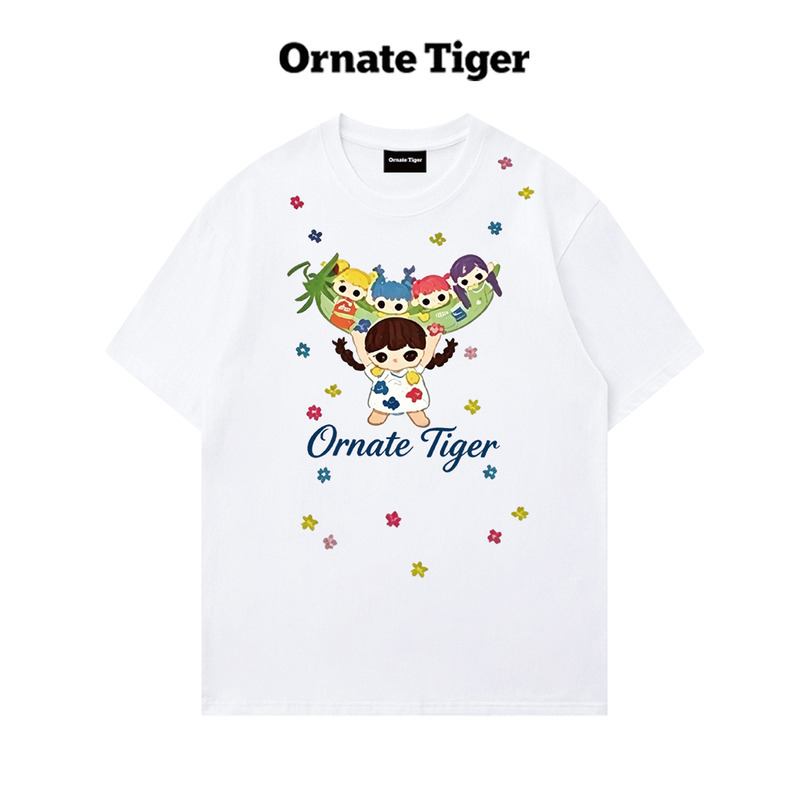 New Ornate Tiger Playful Girly Round-Neck T-Shirt with Colorful Pod Doll Design, Slimming, Fresh, and Versatile Top