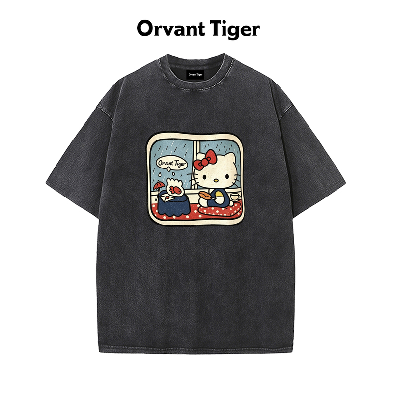 New Orvant Tiger Retro Distressed Round Neck Short-Sleeved T-Shirt Korean Style Kitty Age-Reducing Slimming Half-Sleeved Top