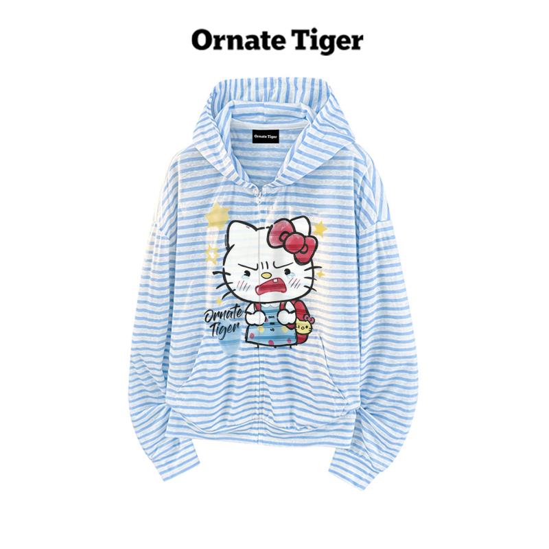 New Ornate Tiger Korean-Style Cartoon Quirky Cardigan Blue and White Striped Kt Cat Loose Hooded Thin Jacket