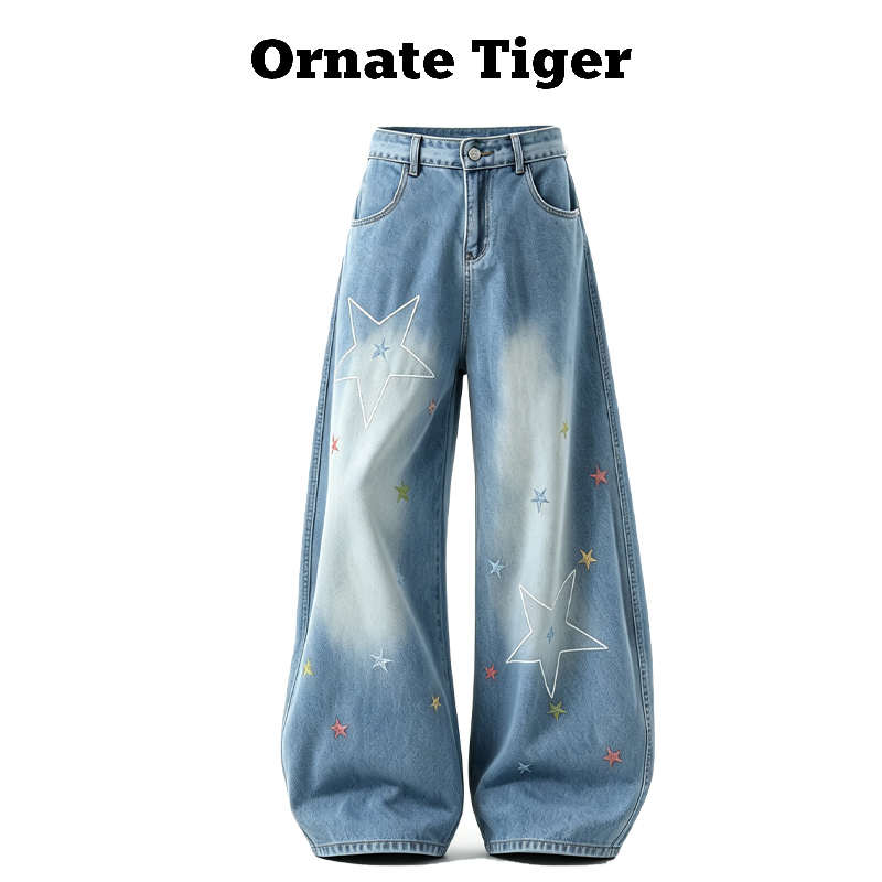 New Ornate Tiger Gradient Jeans for Women, Casual Wide-Leg Pants with Star Embroidery, Long Pants for Pear-Shaped Body