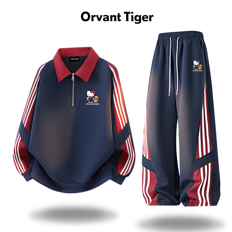 New Orvant Tiger Retro Casual Suit Kitty Pixel Print Half-Zip Sweatshirt Wide-Leg Pants for Women