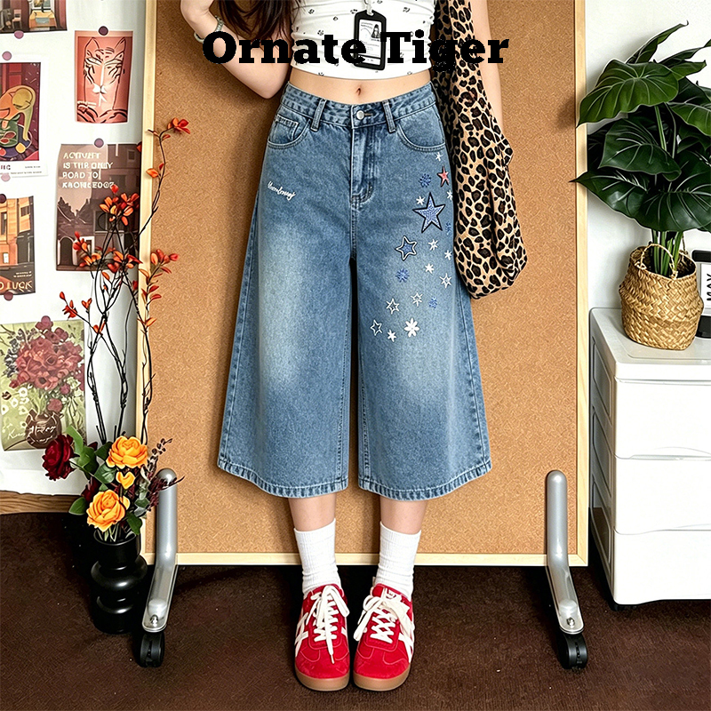 New Ornate Tiger Summer Lightweight and Relaxed Oversized Cropped Wide-Leg Pants Star Denim Mid-Length Pants New Ornate Tiger Summer Lightweight and Relaxed Oversized Cropped Wide-Leg Pants Star Denim Mid-Length Pants