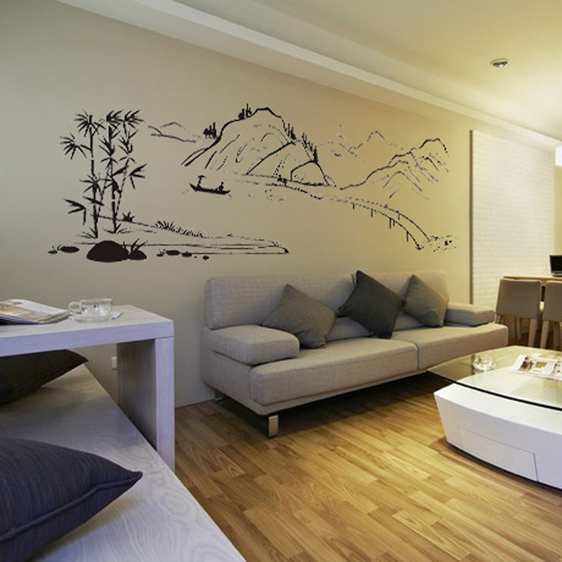 Water moon mirror flower calligraphy and painting landscape painting background wall decoration wall sticker wall painting Chinese style ancient poetry paste