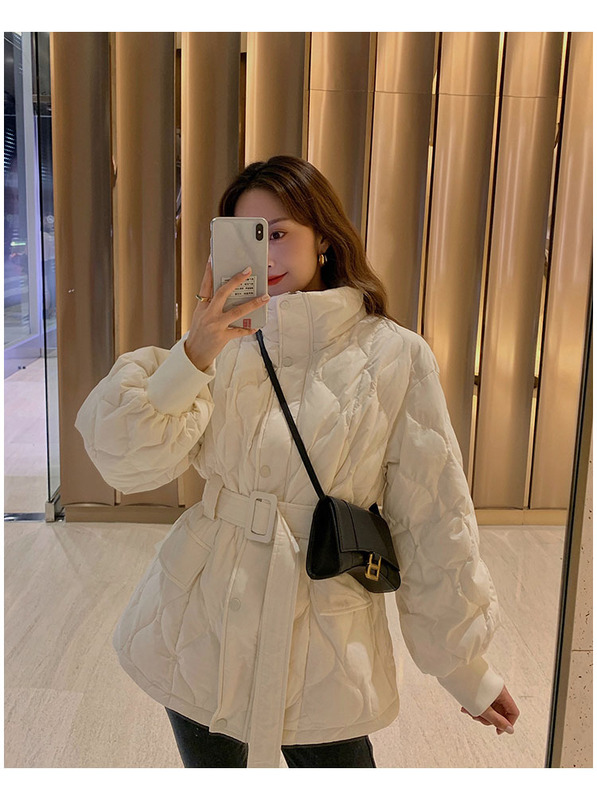 Waist-Cinching Tie-Neck Stand-Up Collar down Cotton Jacket for Women, Mid-Length, New Winter Style, Solid Color, Lightweight Puffer Jacket, Trendy Cotton Coat