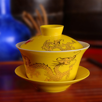 Large Sancai bowl meeting teacup ceramic cap bowl blue and white Chinese black tea bowl home retro wedding gift