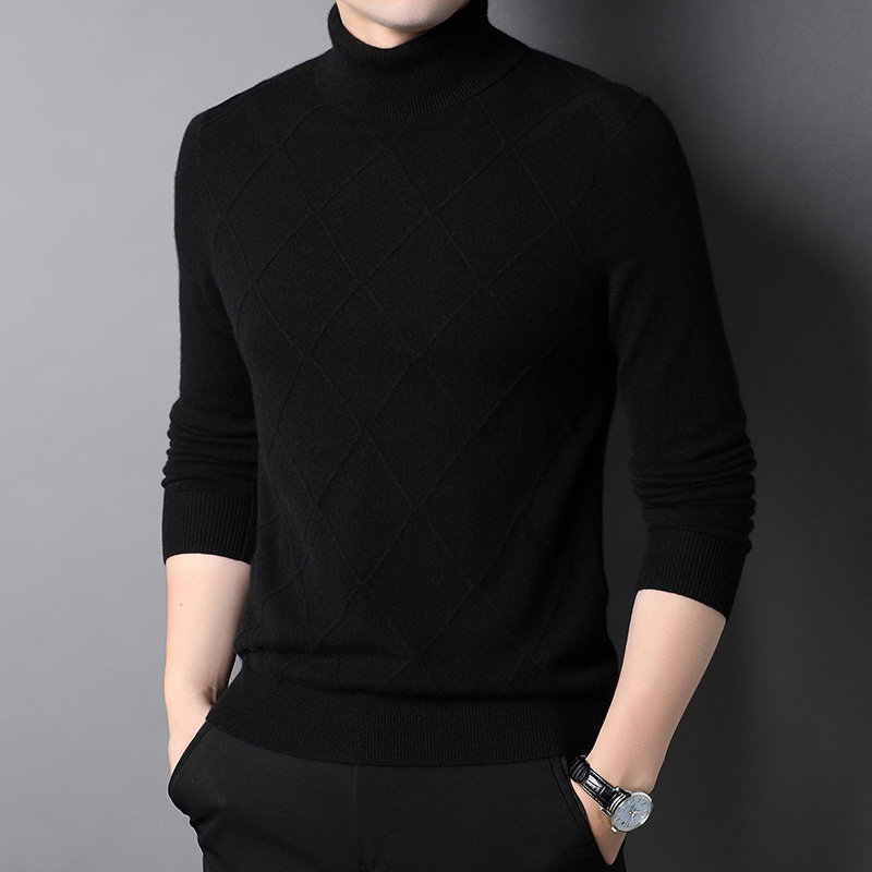 纯山羊绒衫男菱形格纹毛衫冬季高领毛衣打底衫男装提花内搭针织衫