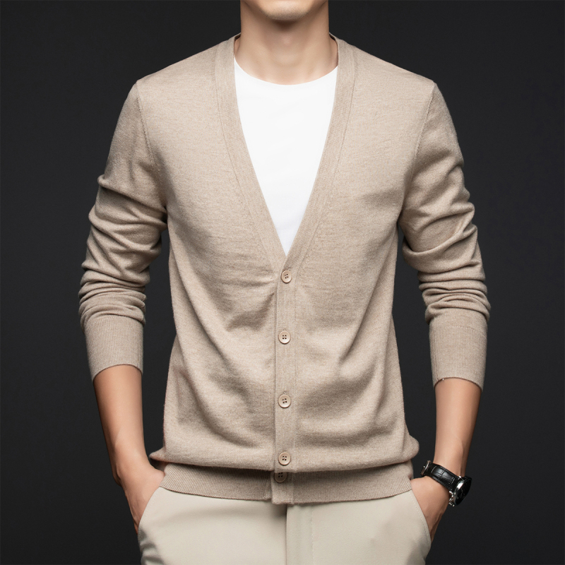 Machine Washable Anti-Static Far-Infrared Heating Wool Sweater Knitted Cardigan for Men Spring and Autumn V-Neck Solid Color Sweater Jacket