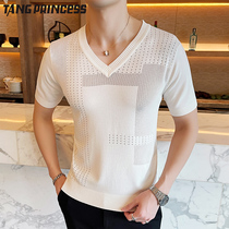 Summer Mens Ice Silk hollow knitted T-shirt thin sweater short sleeve slim tide half sleeve top wool base shirt