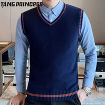 Autumn and winter knitted sweater vest mens V-neck pullover sleeveless waistband slim horse clip academic wind wool vest men