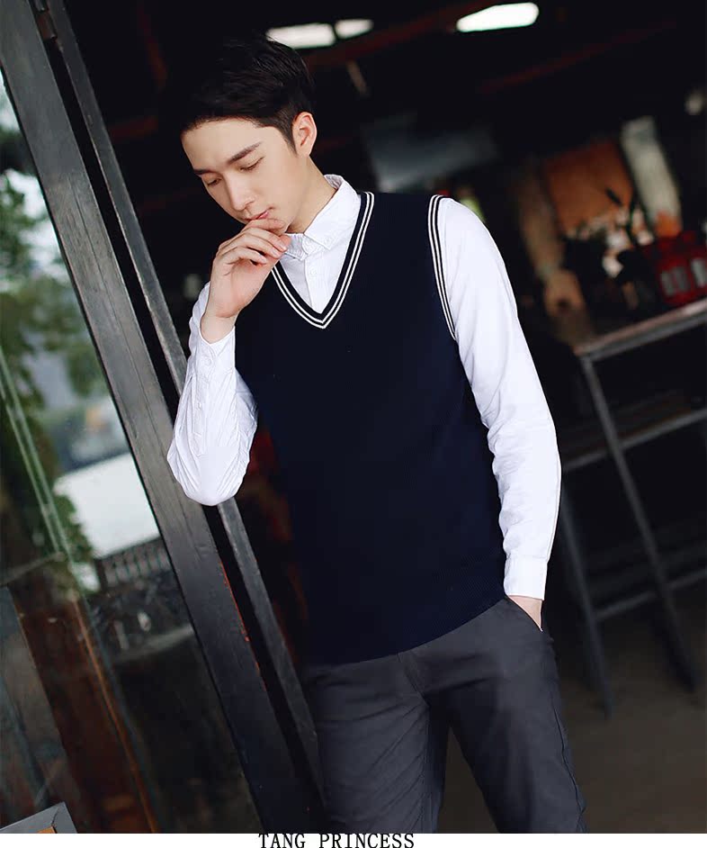 Vest nam mùa thu đan áo len vest nam thủy triều Slim len ấm áp không tay v-cổ vest vest cỡ lớn áo khoác nam giả vest