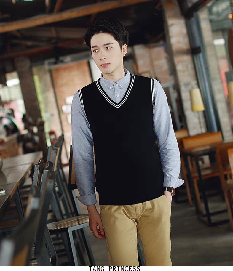 Vest nam mùa thu đan áo len vest nam thủy triều Slim len ấm áp không tay v-cổ vest vest cỡ lớn áo khoác nam giả vest