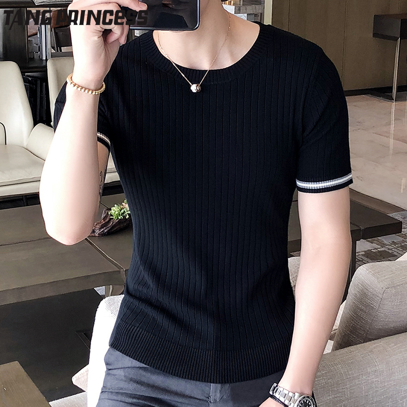 Summer knit short sleeves Male slim fit pure color Korean version ice silk half sleeve T-shirt with undershirt man sweater t-shirt