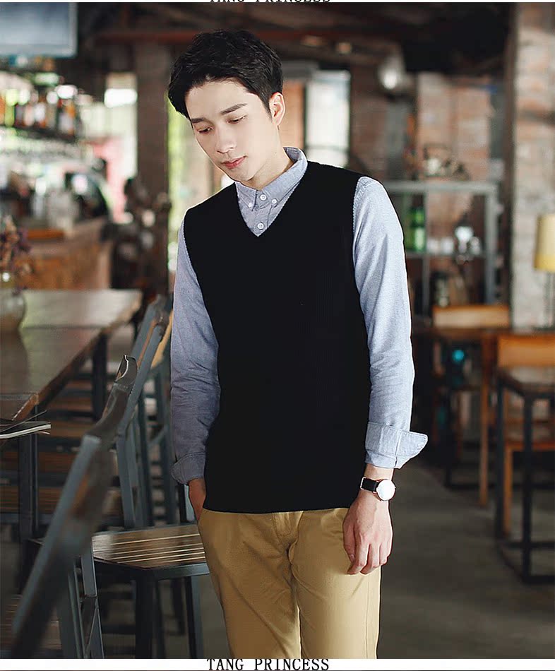 Áo len vai nam vest mùa thu không tay áo len vest màu rắn lỏng đầu v-cổ dệt kim cotton vest nam áo vest nam hàn quốc trẻ trung