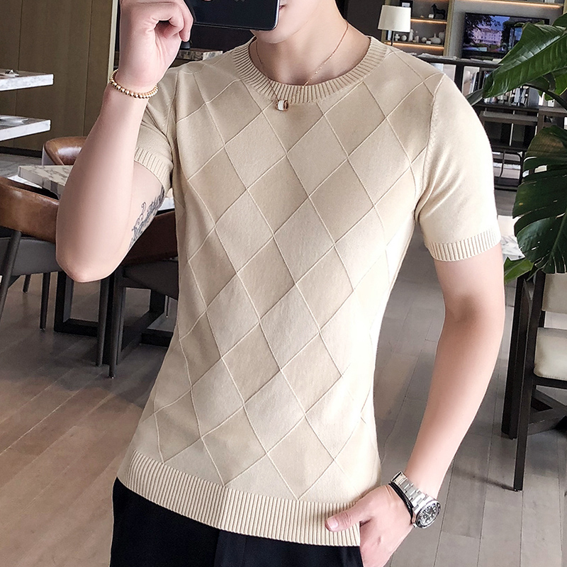 Dệt kim nam ngắn tay của băng lụa mùa hè cơ thể mỏng t-shirt kim cương có hình dạng kim cương nửa tay áo đáy Hàn Quốc áo len t-shirt