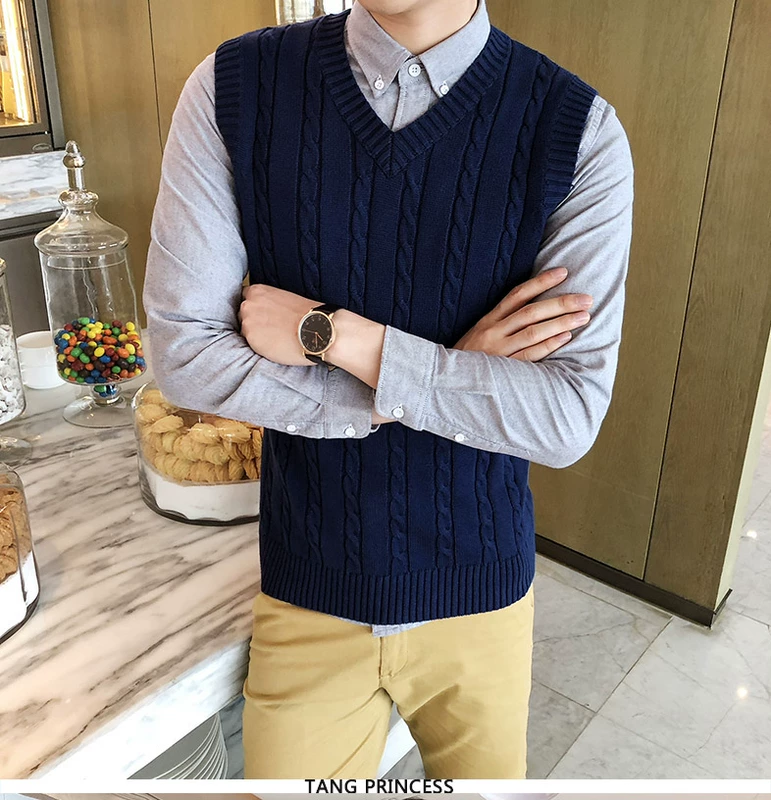 Vest nam mùa thu đông đan áo len vest cổ chữ V không tay áo cotton dày len xoắn vest cỡ lớn áo khoác thu đông
