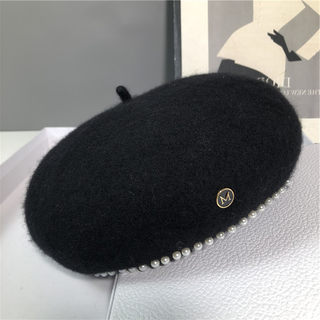 Hong Kong Bng Chanel-Style Beret for Women, Autumn and Winter Korean and Japanese Style Woolen Pearl Beret Hat, Octagonal British Hat for Women