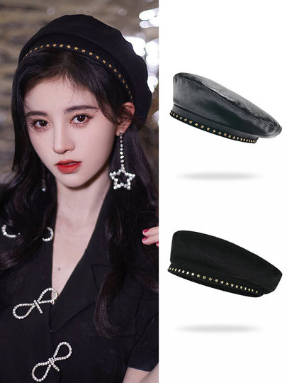 British Razt Ju Jingyi Same Style Black Beret for Women, Retro 2024 New Small Head Circumference Artist Hat