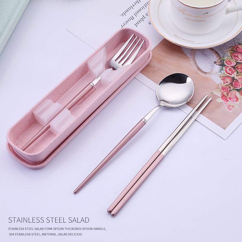 Olefu 304 stainless steel portable tableware three-piece set Korean version of non-slip student chopsticks spoon set travel