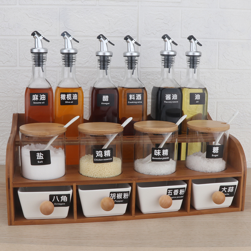 Olaf seasoning box set Household seasoning tank Seasoning tank rack Oil bottle pot Salt tank Glass kitchen supplies shelf