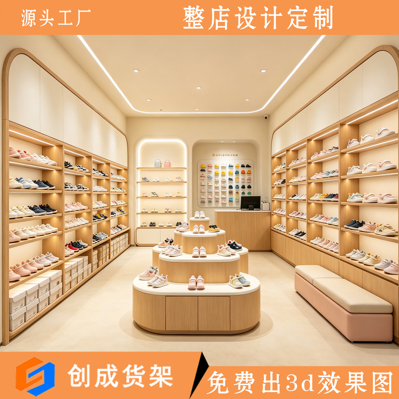 Gentle Cream-Style Children's Shoe Store Space Design, Curved Doorways, Front Desk Soft Upholstery, Shoe Fitting Bench, Complete Set of Soft Furnishings