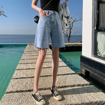 Denim shorts womens 2021 summer new five-point pants straight tube Hong Kong flavor high waist loose slim burrs thin pants