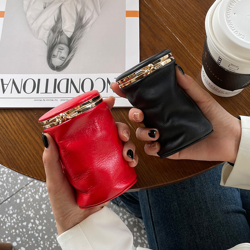 Genuine Leather Lipstick Bag with Mirror, Bucket-Shaped First-Layer Cowhide Portable Cosmetic Bag, Earphone Storage Pouch, Coin Purse