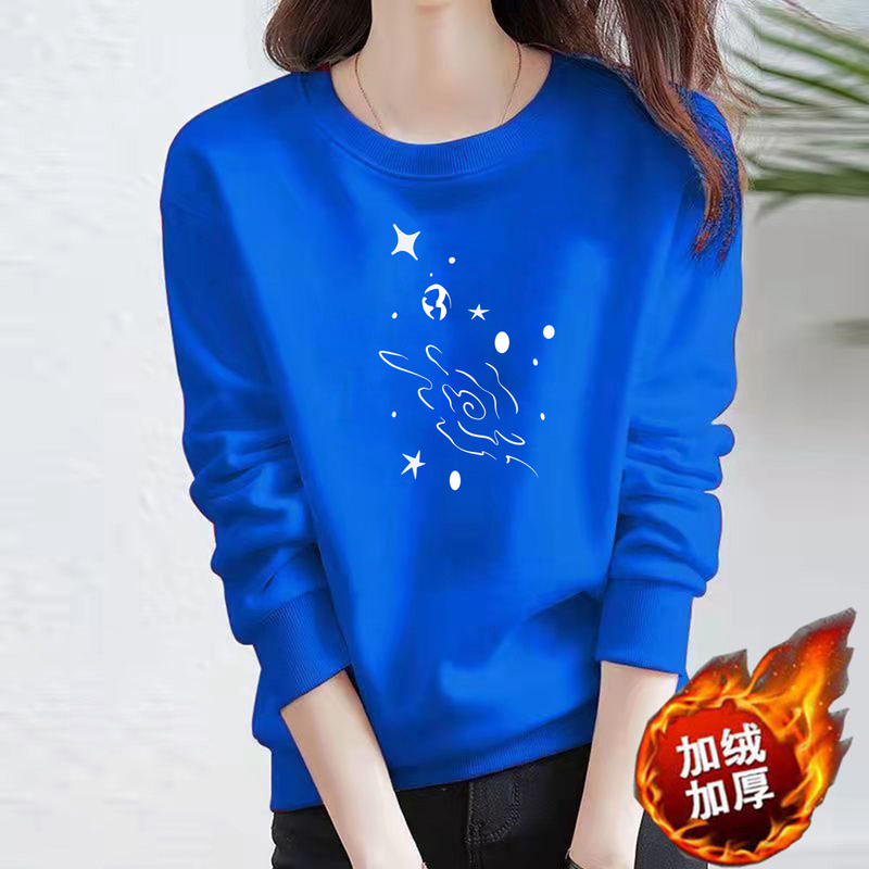 Brand Klein Blue Pure Cotton Loose Sweatshirt for Women, New Autumn and Winter Fleece-Lined Thickened Casual Warm Pullover Top, Trendy