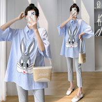 Pregnant Woman Summer Dress Striped Cartoon Shirt One-piece Dress Suit Summer New Blouse Women Out Fashion pieces Two sets