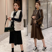 Pregnant womens spring and autumn suit fashion crazy Western style two-piece long third trimester skirt thin lambskin dress