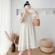 Pregnant Woman Summer Clothing Crushed Flowers Snowspun Cotton Spinning Dress Skirt Dresses Summer Thin square leader Fashion small sub-high-sense medium length style
