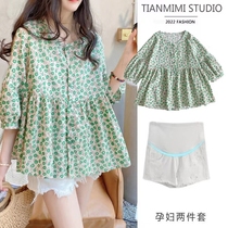 Pregnant Woman Summer Clothing Snowspun Broken Flower Doll Sweatshirt Suit Summer Thin style casual short sleeve blouse wool side shorts Two sets