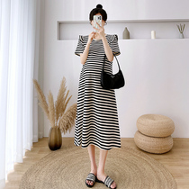 Pregnant Woman Summer Clothing T-shirt Striped Dress Skirt Summer Thin style Fashion Lotus Leaf Cuff Over Knee Easy and Long Skirt Tide