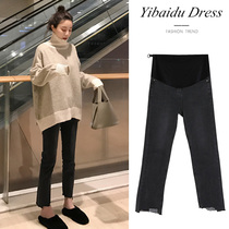 Pregnant womens autumn straight jeans leggings pants spring and autumn outer wear elastic micro-flared irregular nine-point trousers