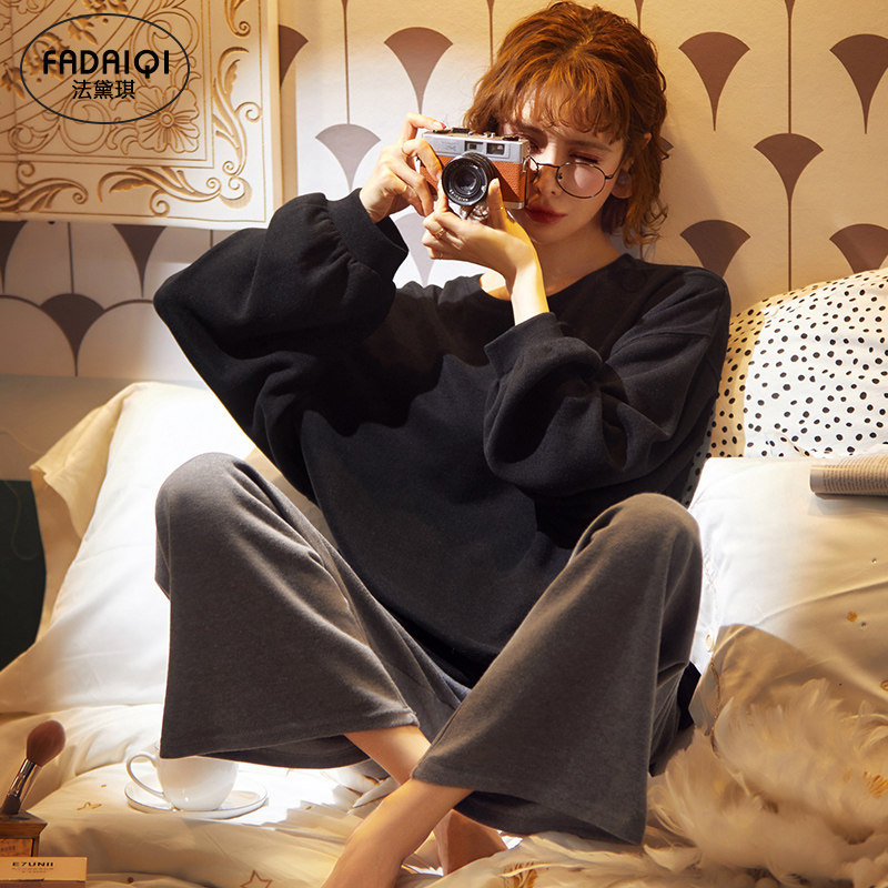 Black pajamas women's 2022 new spring autumn winter long-sleeved cotton ins wind student loose home clothes cotton