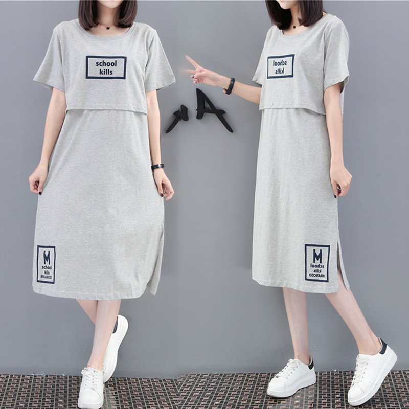 Lactation Summer Clothing Short Sleeve Ocean Dress Loose Dress Medium Long Version Minus 100 hitch Breastfeeding Out of Spice Spicy Moms Summer