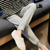 Pregnant womens pants Autumn and winter new Korean version thickened knitted pants pit tie foot Harun pants Pregnant womens abdominal high-waisted casual pants